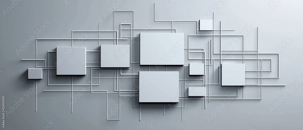 Abstract Geometric Composition with Grey Squares and Black and White Lines