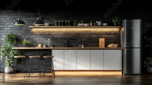 Modern kitchen interior with sleek cabinets, ambient lighting, and stylish decor featuring plants