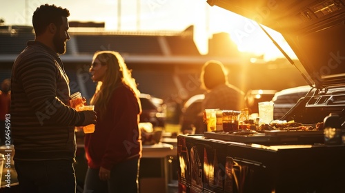 Couple Enjoying Tailgate BBQ at Sunset with Grilling Food and Drinks - Perfect for Game Day Celebrations and Outdoor Gatherings