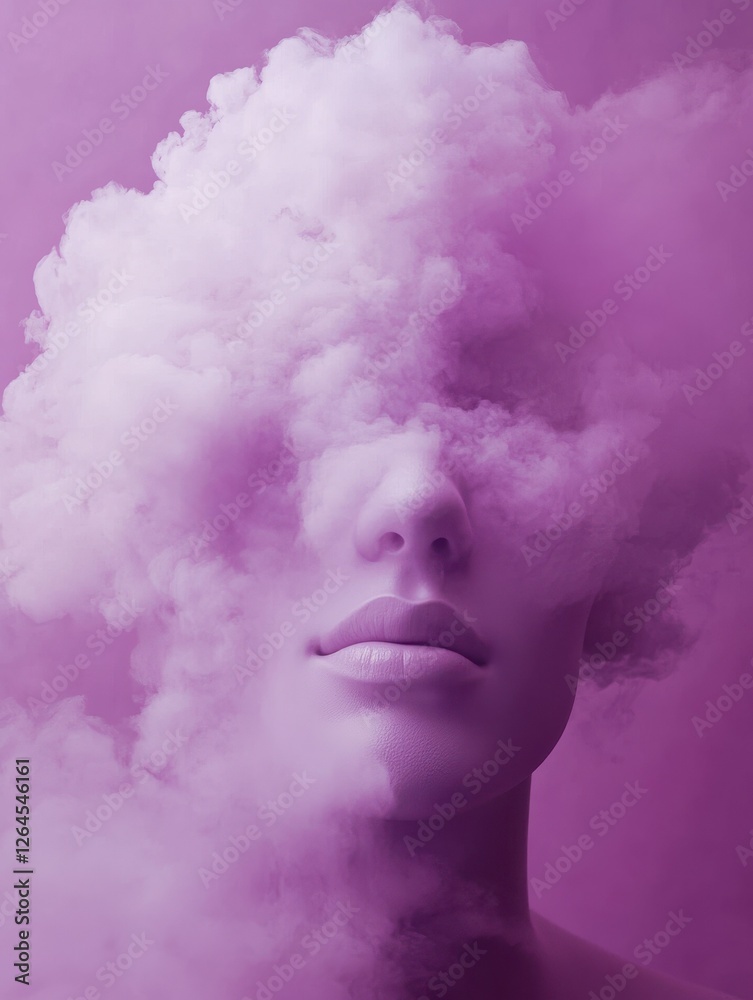 Surreal concept of head in the clouds, clouding of consciousness or mental fog in pink Surreal concept of head in the clouds, clouding of consciousness or mental fog in pink