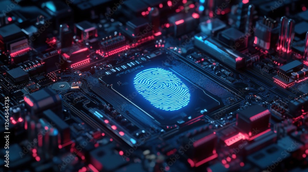 Fototapeta premium Digital Fingerprint Glowing Blue Circuit Board with Fingerprint in Center