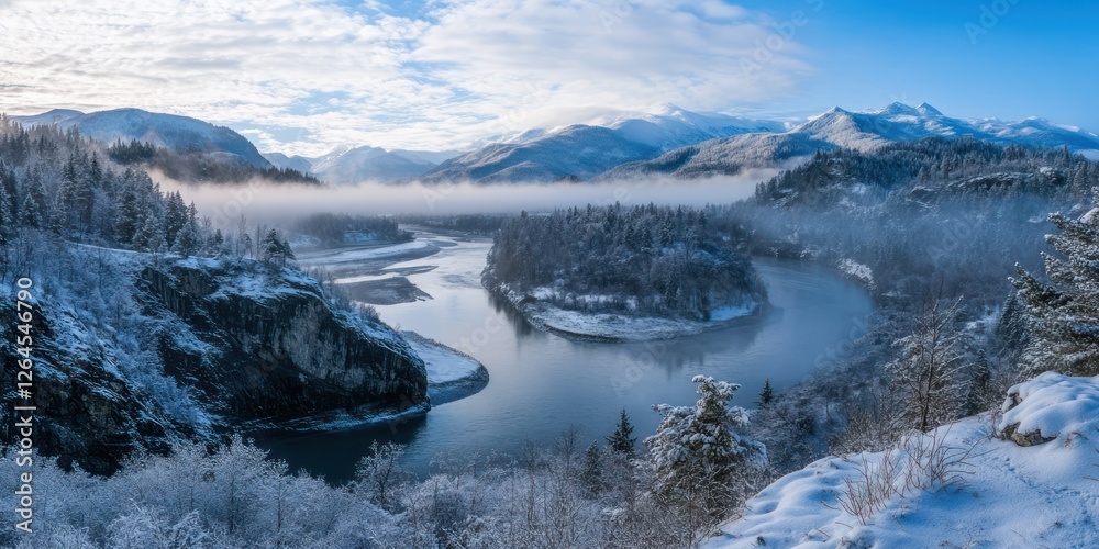 Snow-capped mountain landscape with a flowing stream and morning mist, creating a serene and magical scene Snow-capped mountain landscape with a flowing stream and morning mist, creating a serene and magical scene