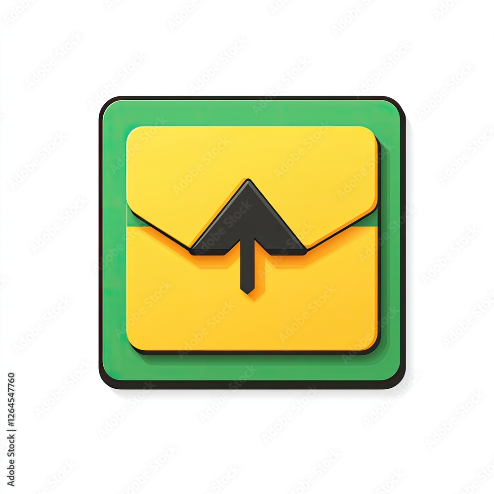 Upload icon, yellow envelope, green button, digital file transfer Upload icon, yellow envelope, green button, digital file transfer