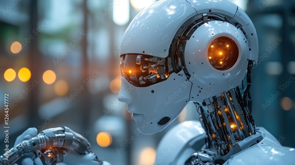 Fototapeta premium Advanced humanoid robot, futuristic technology, artificial intelligence, close-up view, intricate details,