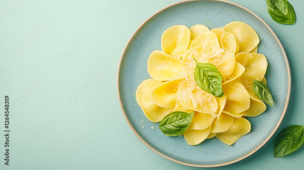 Freshly Prepared Pasta Dish with Parmesan Cheese and Fresh Basil Leaves on a Light Blue Background Freshly Prepared Pasta Dish with Parmesan Cheese and Fresh Basil Leaves on a Light Blue Background