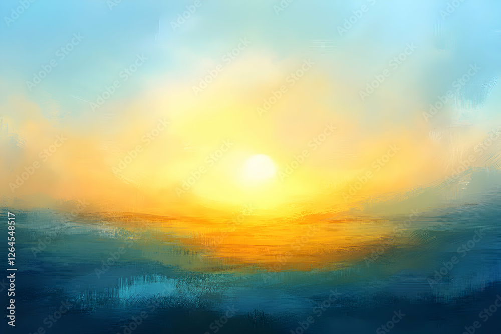 Fototapeta premium Serene sunset landscape, painted style, warm golden hues, tranquil ocean, digital art, bright sun, abstract background.
