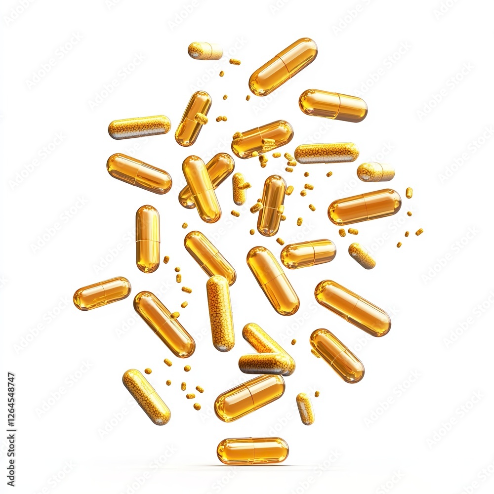 Golden Capsules Falling Isolated White Background Health Supplements Medicine Pharmacy 3D Render Shiny Pills Pharmaceutical Industry Medical Product Golden Capsules Falling Isolated White Background Health Supplements Medicine Pharmacy 3D Render Shiny Pills Pharmaceutical Industry Medical Product