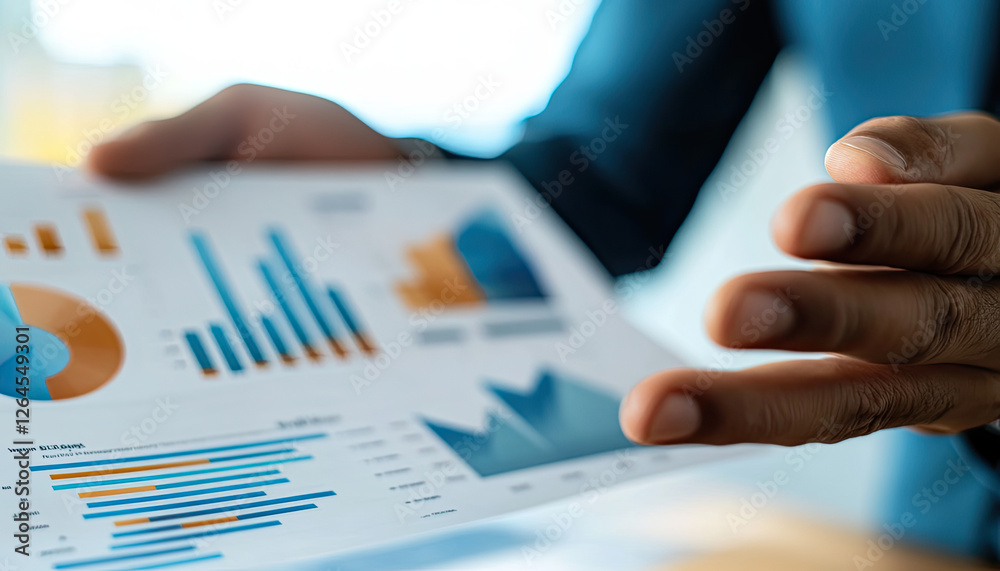 A person reviewing a report with various graphs and charts for analysis. A person reviewing a report with various graphs and charts for analysis.