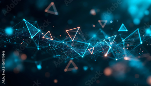 Futuristic digital network, glowing triangles, interconnected nodes
