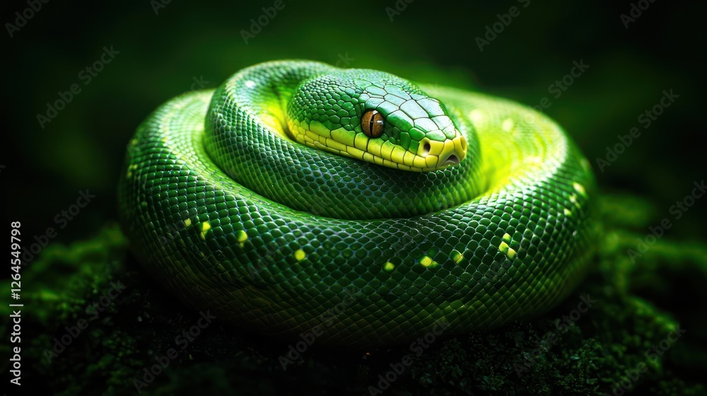 Fototapeta premium Green Snake Coiled On Mossy Surface