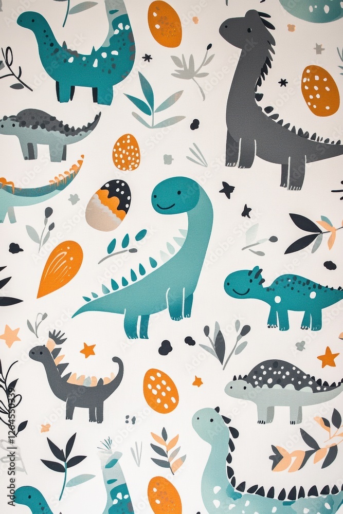 Fototapeta premium Dinosaur Wall Art Prints for Kids, Cute Cartoon Dinosaurs Pattern, Nursery Decor, Playroom Artwork, Baby Shower Gifts, Preschool Room Decoration