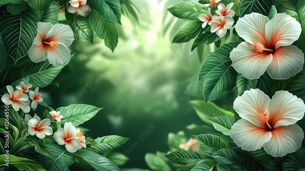 Naklejka premium Vibrant tropical foliage with hibiscus flowers framing a serene blurred green background