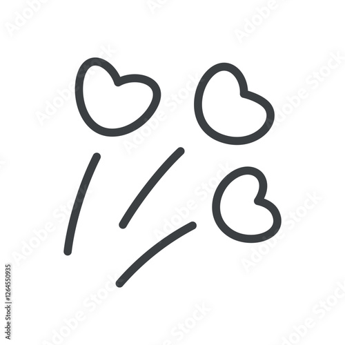 Cute flying hearts icon. Funny hand drawn monochrome illustration of three jumping up hearts isolated on a white background. Abstract romantic emoji. Vector 10 EPS.