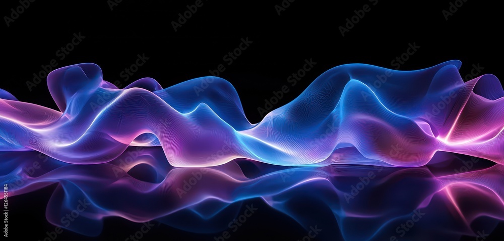 Obraz premium Minimalist pattern of glowing blue and purple waves in a futuristic 3D scene with soft reflections on a black gradient.