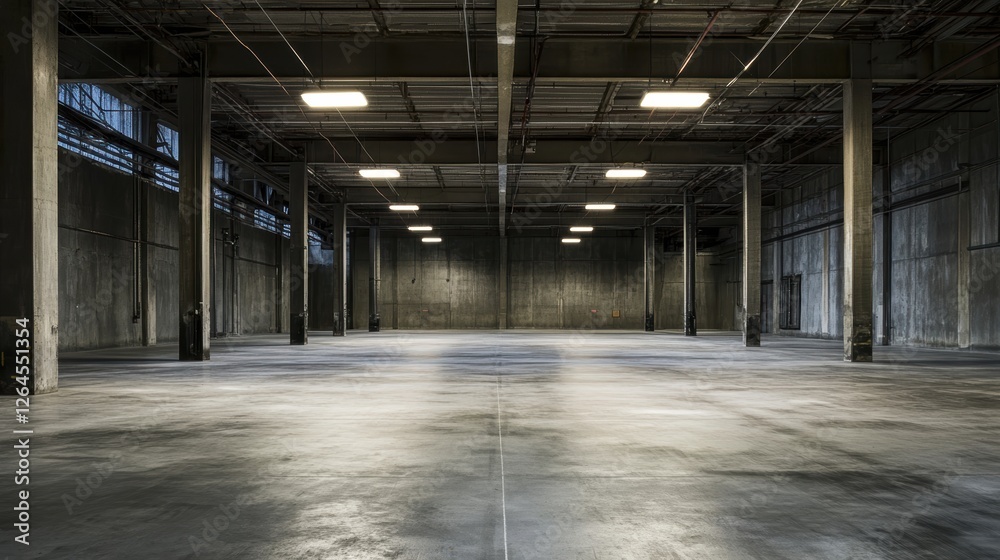 Empty warehouse interior with concrete floor, large space for rent, industrial loft, versatile storage or creative space for businesses and events Empty warehouse interior with concrete floor, large space for rent, industrial loft, versatile storage or creative space for businesses and events