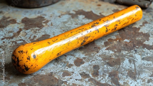 Close-up of a weathered yellow tool resting on a rusty surface, showcasing its texture and wear