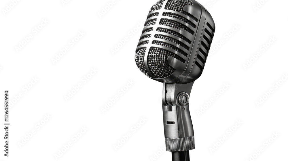 Fototapeta premium Retro Microphone Icon: Captivating close-up of a vintage microphone, exuding classic charm and a touch of nostalgia, isolated against a backdrop that enhances its metallic sheen.