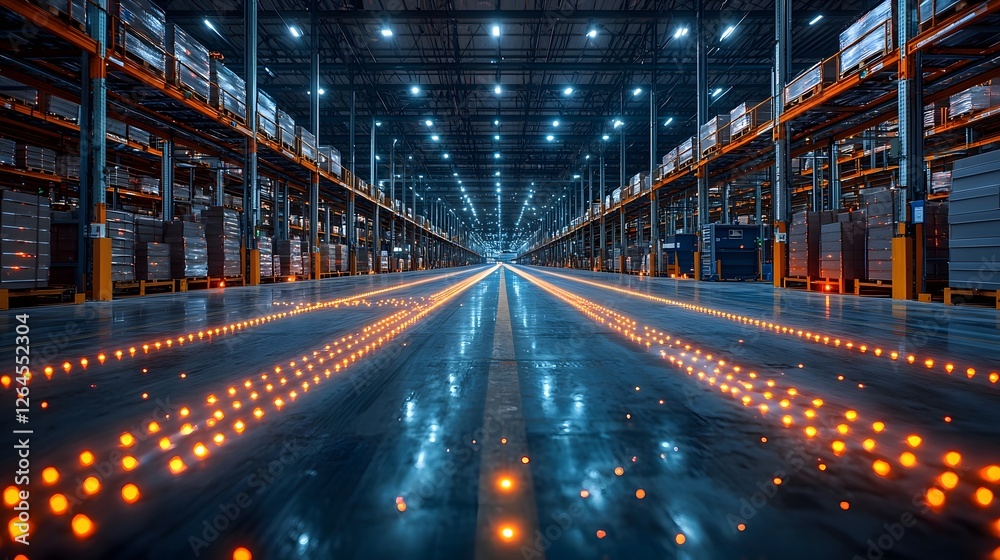 Vibrant Distribution Warehouse with Colorful Zoning Lights Symbolizing Organized Logistics Flow Vibrant Distribution Warehouse with Colorful Zoning Lights Symbolizing Organized Logistics Flow