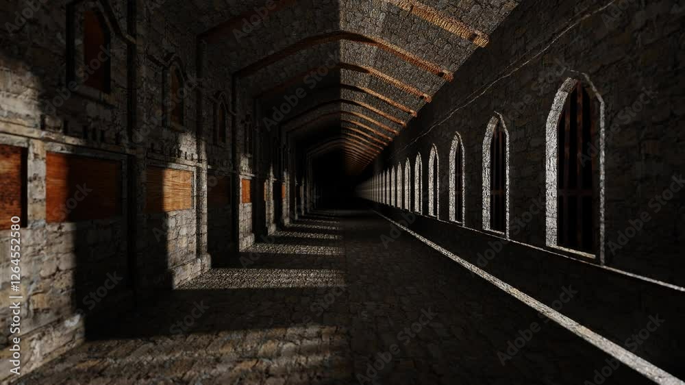endless forward movement inside a gray concrete block fortress with windows. 3d render looped animation. endless forward movement inside a gray concrete block fortress with windows. 3d render looped animation.