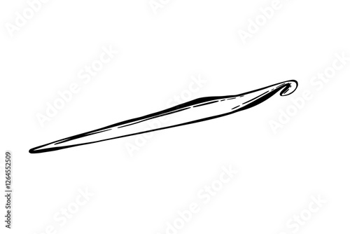 Crochet hook. Black and white line art vector illustration. Hobby item, metal crochet, needle knitting, crocheting. Hand drawing clipart isolated from background for blogs, labelling, logo, sticker.