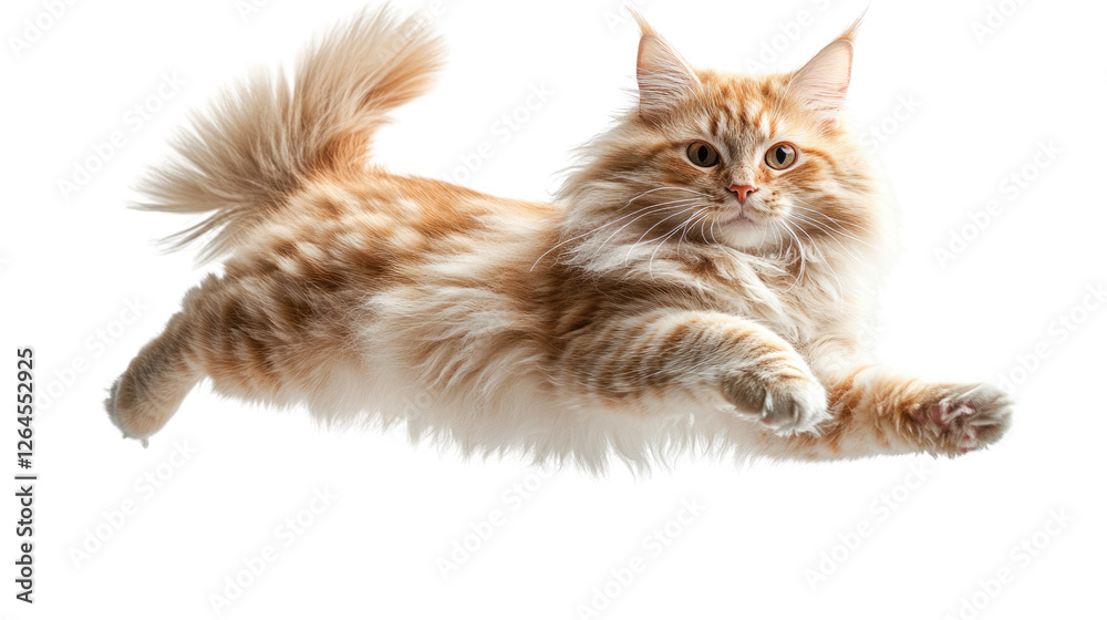Obraz premium A Fluffy Feline in Flight: A ginger and white Maine Coon cat levitates gracefully in mid-air, capturing a playful and dynamic image of the beloved pet.