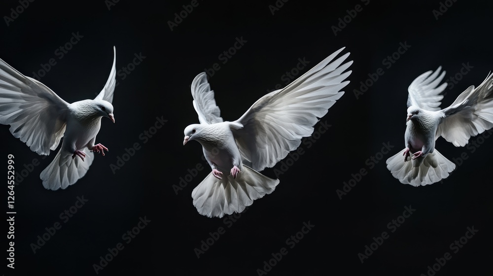 Obraz premium Flying white doves in motion against a dark background, symbolizing peace, freedom, and tranquility in nature photography.