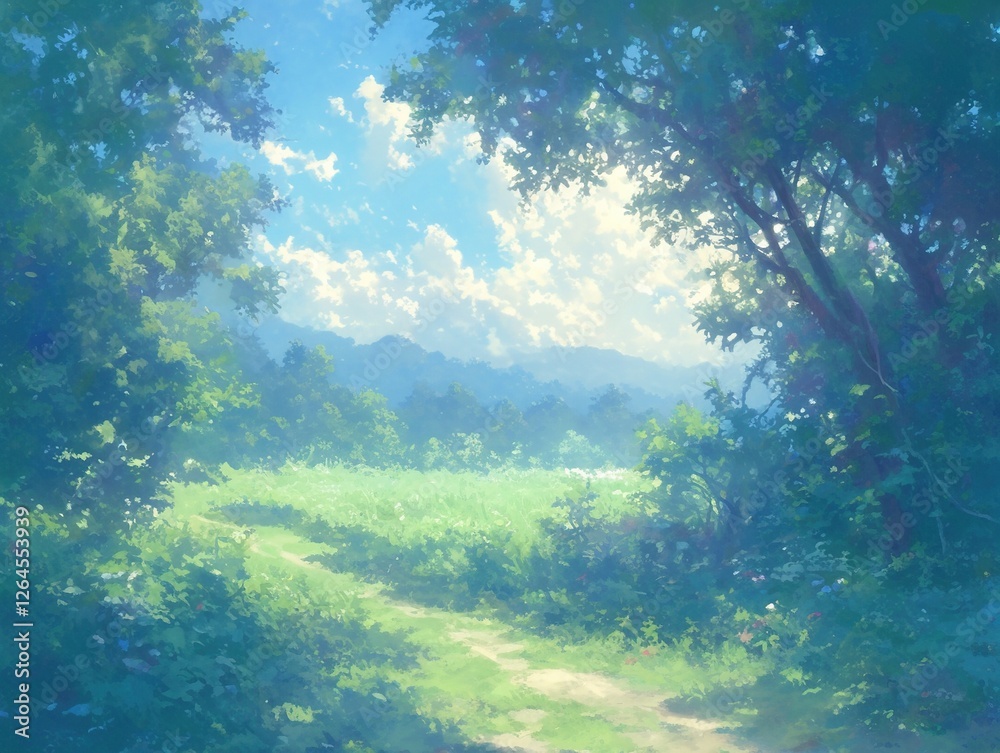 Obraz premium Forest path opens to a bright, sunny field with mountains in distance
