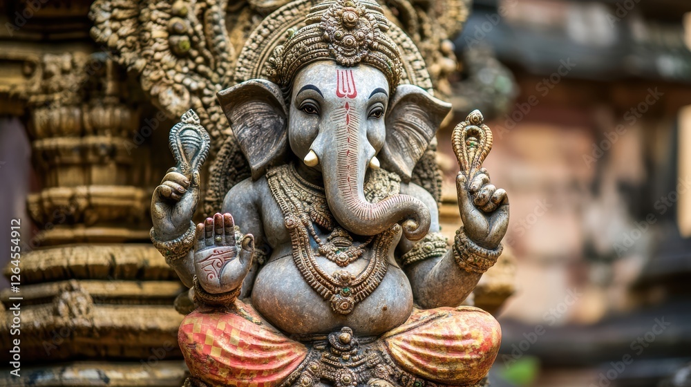Ganesha statue close-up, Hindu deity symbolizing wisdom and prosperity, ornamental sculpture in a temple, cultural art from India, spiritual decor image. Ganesha statue close-up, Hindu deity symbolizing wisdom and prosperity, ornamental sculpture in a temple, cultural art from India, spiritual decor image.