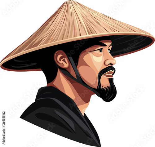 Portrait of a man wearing a straw hat with a beard and traditional attire in a calm and contemplative expression cartoon isolated on transparent background. Vector illustration.