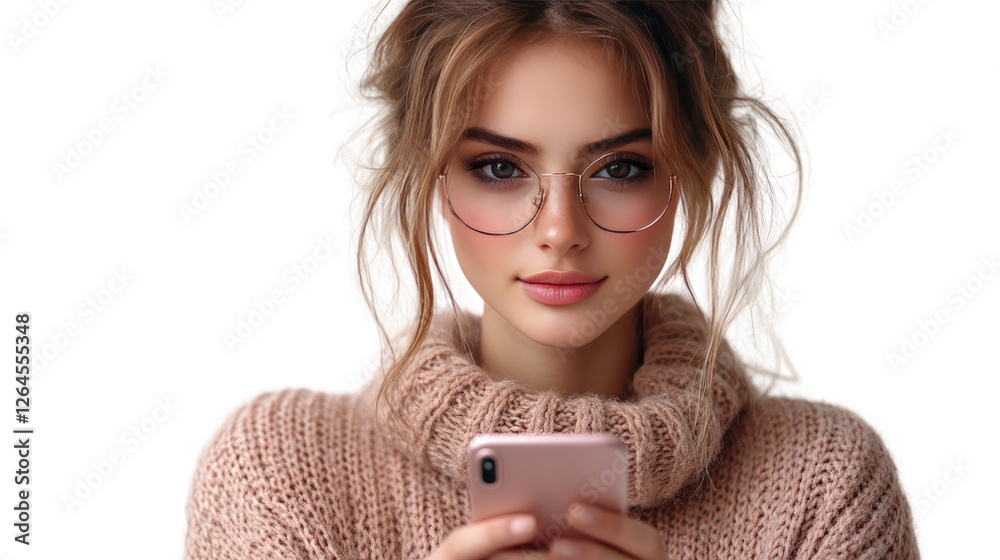 Modern Communication: A sophisticated young woman, framed in a close-up, engrossed in her mobile phone, her soft gaze and stylish glasses suggesting a moment of modern connection. Modern Communication: A sophisticated young woman, framed in a close-up, engrossed in her mobile phone, her soft gaze and stylish glasses suggesting a moment of modern connection.