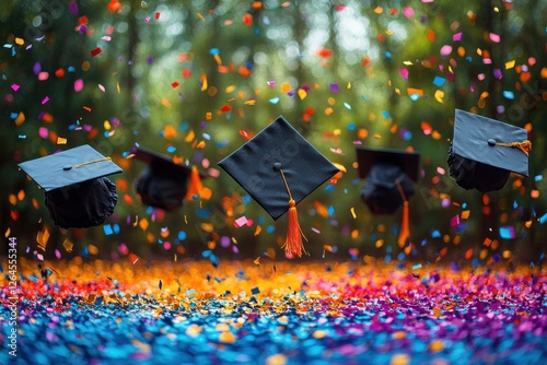 Graduation Celebration with Caps Tossed Amidst Colorful Confetti in a Forest Setting photo