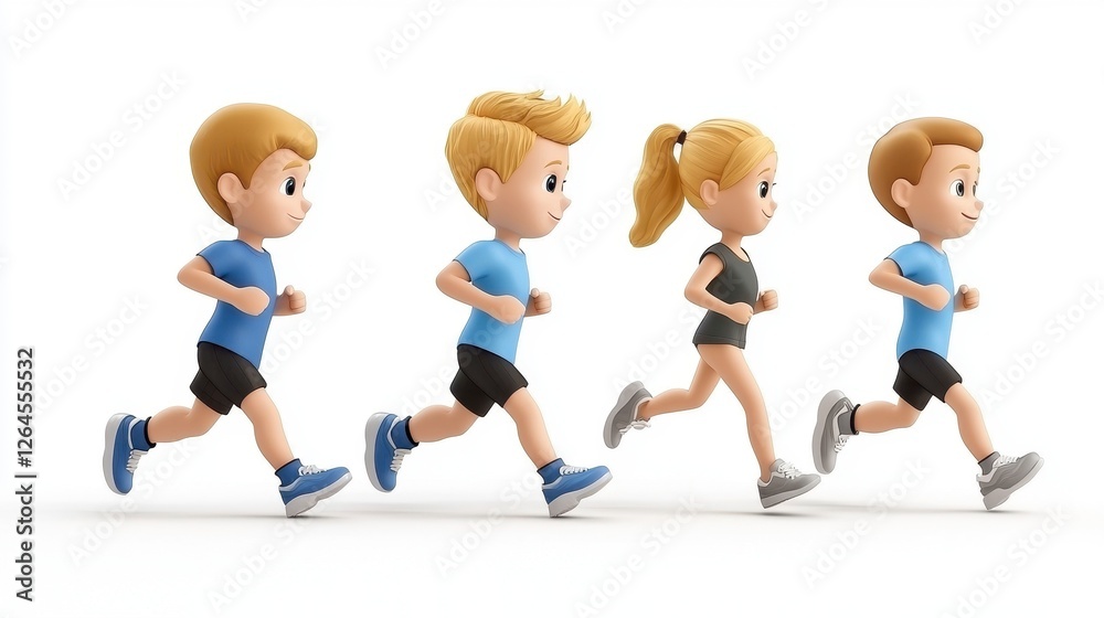 Cartoon Kids Running in Line on White Background