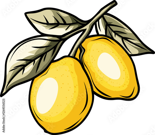 Fresh lemons hanging on a branch with green leaves cartoon isolated on transparent background. Vector illustration.