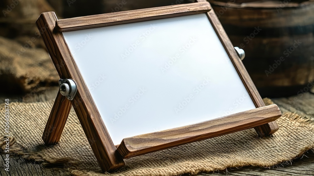 Fototapeta premium Blank wooden easel frame on rustic burlap, ideal for signage or art display in a cozy setting
