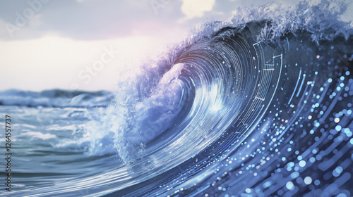 digital wave merges with ocean, creating futuristic energy flow in blue hues, symbolizing blend of technology and nature