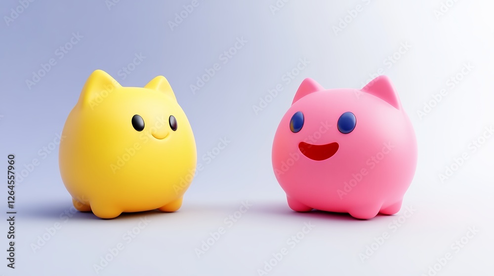 Cheerful Yellow and Pink Cartoon Cats on Light Gray Background Cheerful Yellow and Pink Cartoon Cats on Light Gray Background