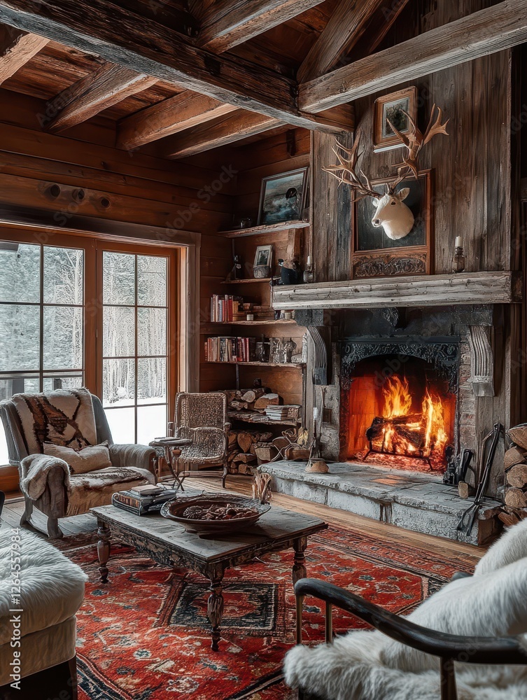 Cozy rustic cabin interior featuring fireplace and natural light Cozy rustic cabin interior featuring fireplace and natural light