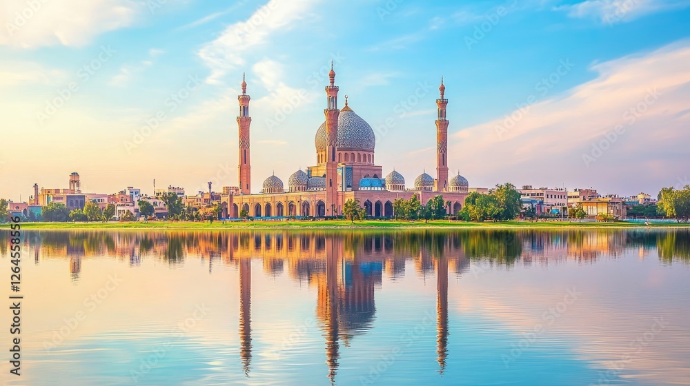 Obraz premium Majestic mosque reflected in tranquil waters at sunset, surrounded by lush greenery and cityscape