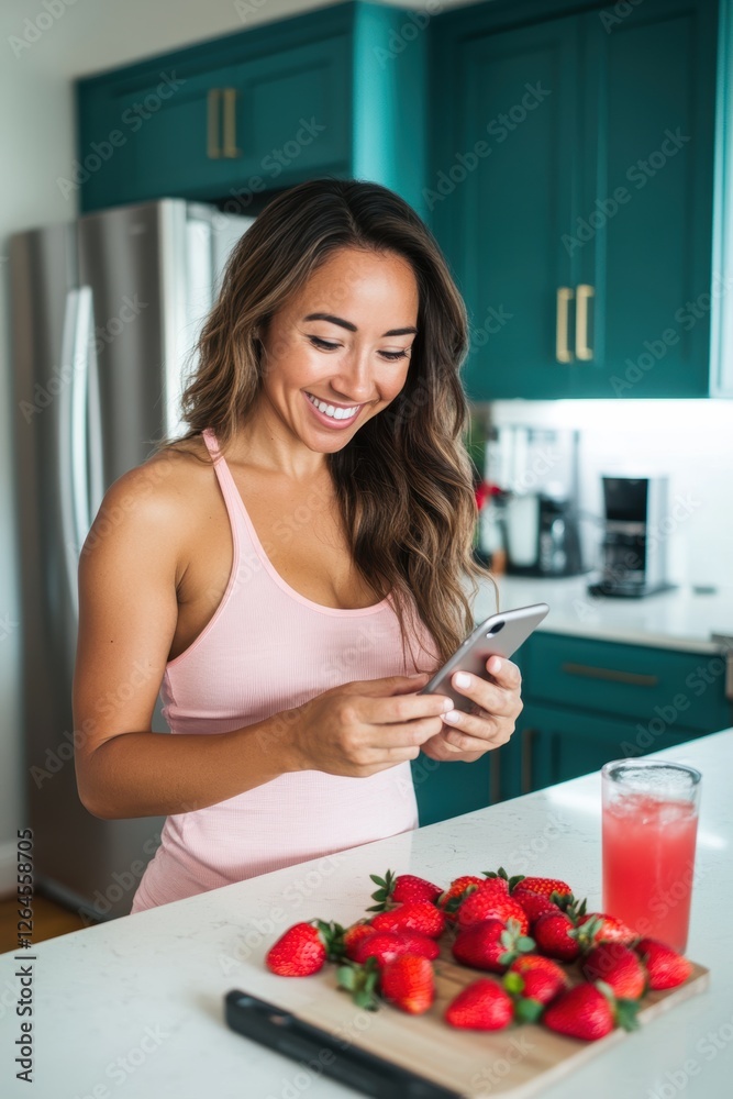 Healthy Lifestyle: Woman Enjoying Strawberries and Smoothies in Modern Kitchen While Using Smartphone for Nutrition Tips and Recipe Ideas Healthy Lifestyle: Woman Enjoying Strawberries and Smoothies in Modern Kitchen While Using Smartphone for Nutrition Tips and Recipe Ideas