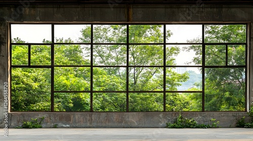 Overgrown Greenery Viewed Through Rusty Window Panes of Abandoned Building
