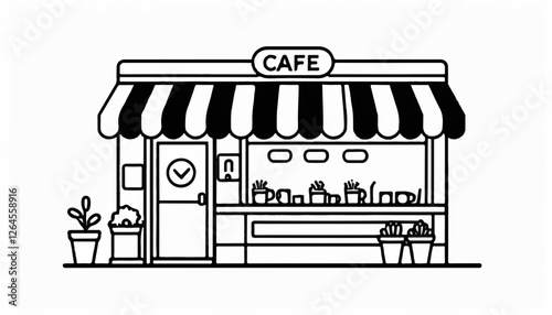 Illustration of a charming cafe shopfront with a striped awning and plants