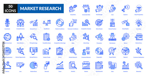 Market research blue icon collection set. Includes analysis, survey, data, consumer, trends, insights, competitor, demographics, metrics, behavior, forecast, statistics, opportunity, strategy