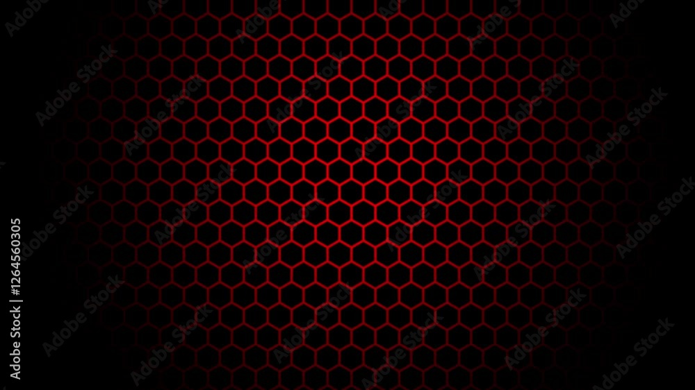 Animated abstract hexagonal grid pattern with a red glow fading into darkness. Concept of futuristic, technology and business presentation.