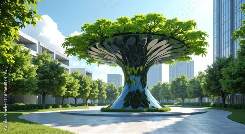 Solar Tree in Urban Park – Futuristic Green Energy - Renewable, sustainable, green and clean energy concept