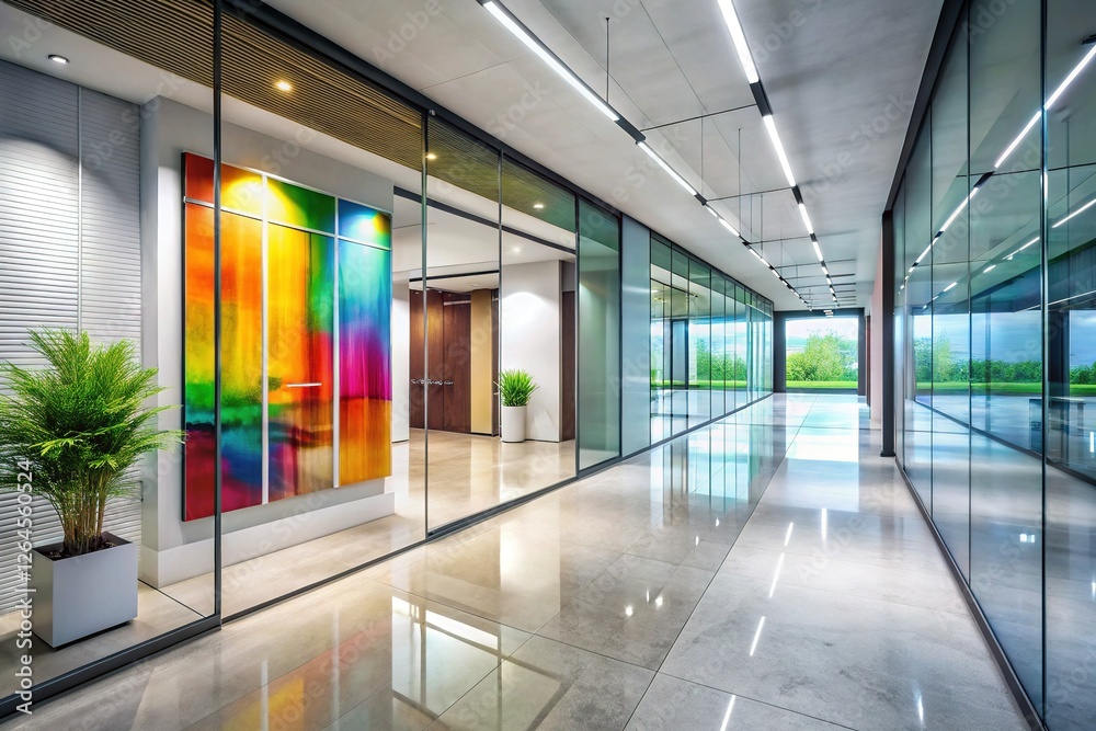 Fototapeta premium Modern Office Corridor Architecture: Sleek Glass Walls & Minimalist Design