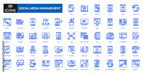 Social media management blue icon collection set. Includes content, engagement, analytics, posting, likes, followers, scheduling, hashtag, comments, strategy, dashboard, branding, reach, insights