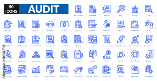 Audit blue icon collection set. Includes review, inspection, compliance, checklist, assessment, verification, examination, scrutiny, oversight, evaluation, certification, analysis, monitoring