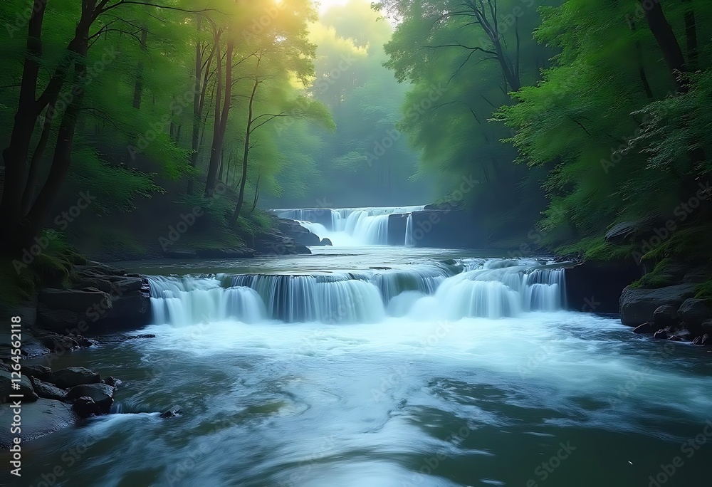 Generative AI captures a serene multi-tiered waterfall cascading through a lush forest Generative AI captures a serene multi-tiered waterfall cascading through a lush forest