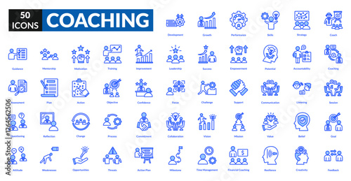 Coaching blue icon collection set. Includes mentoring, training, guidance, leadership, support, development, skills, strategy, motivation, improvement, feedback, expertise, learning, success