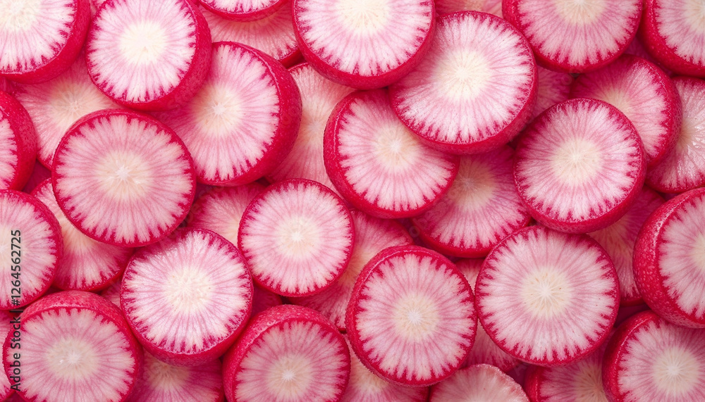 Fresh Overhead Radish Slices in White Pink Representing Food Texture Fresh Overhead Radish Slices in White Pink Representing Food Texture